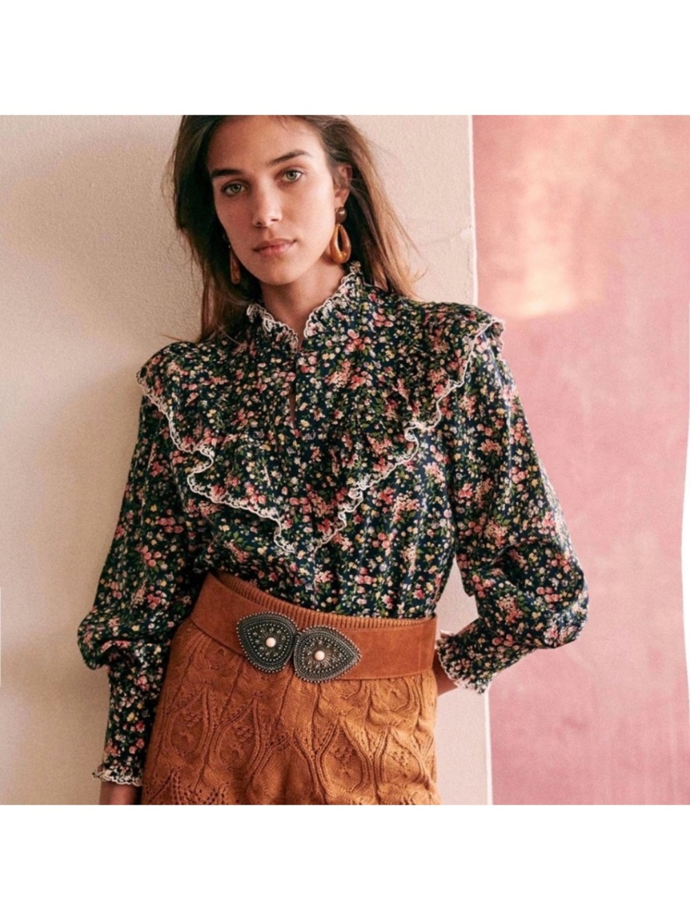 NWT Sezane Agathe Blouse Navy Garden Print - Size 2 Cottagecore Ditzy Floral